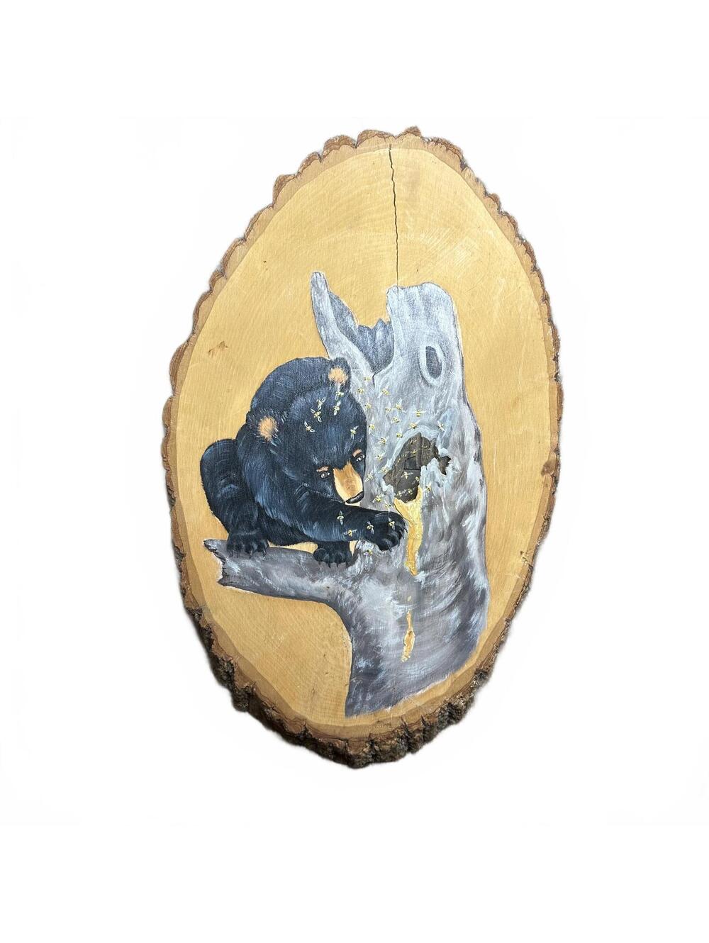 Hand-Painted Black Bear & Honey Bee Live Edge Wood Slice Wall Art 3D Decor